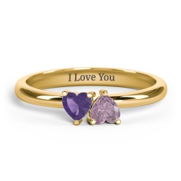 2 Heart Birthstone Ring in 18K Gold Plated Silver with Amethyst, Alexandrite, Blue Sapphire, Blue Topaz, Emerald, and Peridot