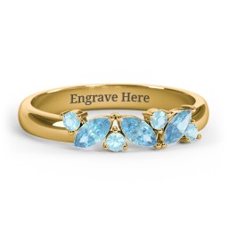 3 Marquise Birthstone Ring with Round Accents in 18K Gold Plated Silver with Blue Topaz