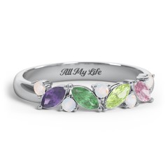 4 Marquise Birthstone Ring with Round Accents – 18K Gold Plated Silver with Amethyst, Emerald, Peridot, Pink Tourmaline, and Opal