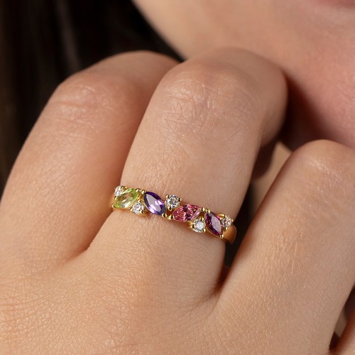 4 Marquise Birthstone Ring with Round Accents – 18K Gold Plated Silver with Amethyst, Emerald, Peridot, Pink Tourmaline, and Opal