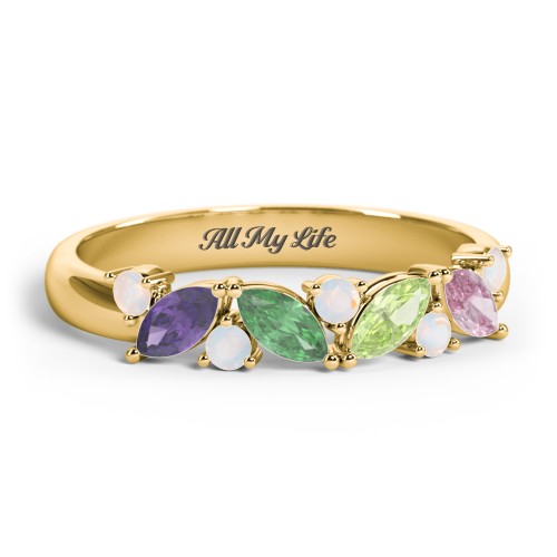 4 Marquise Birthstone Ring with Round Accents – 18K Gold Plated Silver with Amethyst, Emerald, Peridot, Pink Tourmaline, and Opal