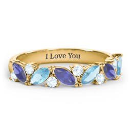 6 Marquise Birthstone Ring with Round Accents in 18K Gold Plated Silver with Blue Sapphire, Blue Topaz, and Aquamarine