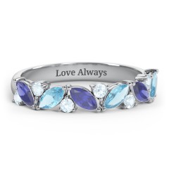6 Marquise Birthstone Ring with Round Accents – 10K White Gold with Blue Sapphire, Blue Topaz, and Aquamarine