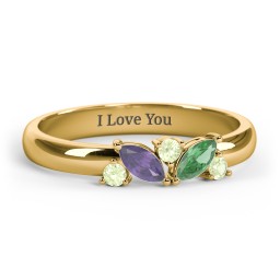 2 Marquise Birthstone Ring with Round Accents in 18K Gold Plated Silver with Amethyst, Emerald, and Peridot