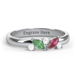 2 Marquise Birthstone Ring with Round Accents in 925 Sterling Silver with Emerald, Ruby, and Cubic Zirconia
