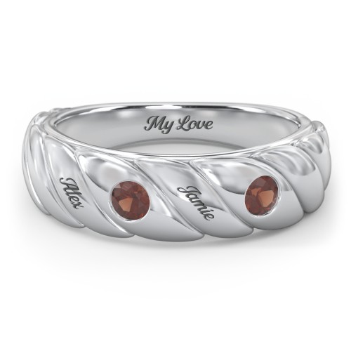 2 Birthstone Flat Twisted Croissant Ring – Sterling Silver with Garnet
