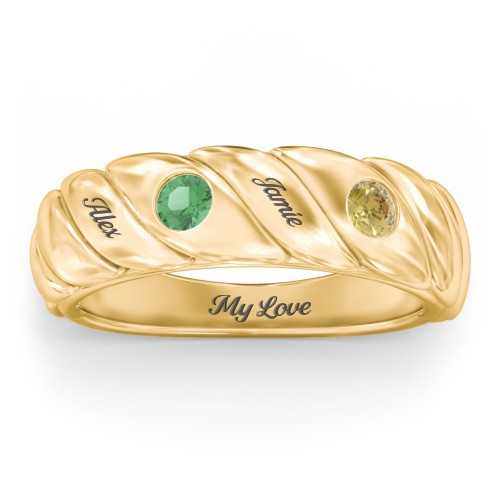 2 Birthstone Flat Twisted Croissant Ring – 10K Yellow Gold with Emerald and Citrine