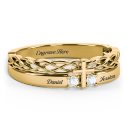 Women’s Cross Ring with Round Gemstones in 18K Gold Plated Silver with Aquamarine