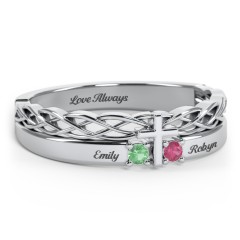Women’s Cross Ring with Round Gemstones – 10K White Gold with Emerald and Ruby