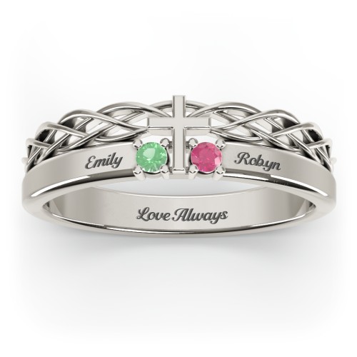 Women’s Cross Ring with Round Gemstones – 10K White Gold with Emerald and Ruby