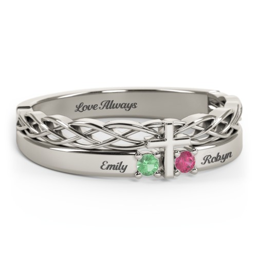 Women’s Cross Ring with Round Gemstones – 10K White Gold with Emerald and Ruby