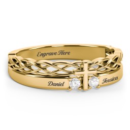 Women’s Cross Ring with Round Gemstones in 10K Solid Yellow Gold with Cubic Zirconia