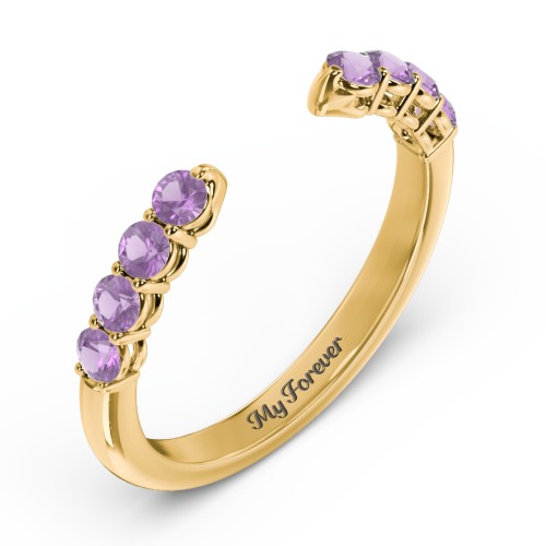 Round Birthstone Open Cuff Ring – 10K Yellow Gold with Amethyst
