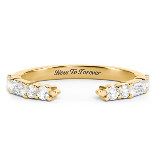 Baguette & Round Accent Open Cuff Ring – 10K Yellow Gold with Diamond