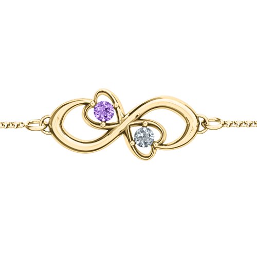 Duo of Hearts and Stones Infinity Bracelet – 10K Yellow Gold with Amethyst and Cubic Zirconia