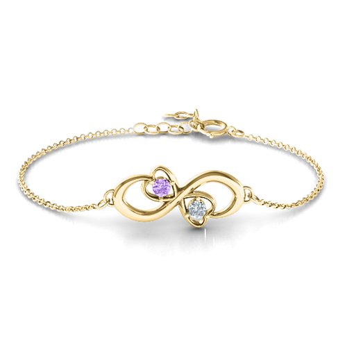 Duo of Hearts and Stones Infinity Bracelet – 10K Yellow Gold with Amethyst and Cubic Zirconia