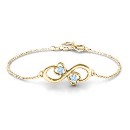 Duo of Hearts and Stones Infinity Bracelet in 18K Gold Plated Silver with Aquamarine