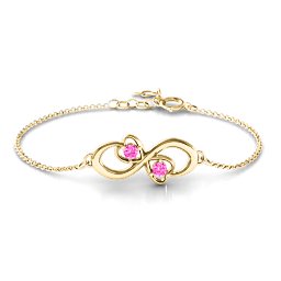 Duo of Hearts and Stones Infinity Bracelet in 18K Gold Plated Silver with Pink Tourmaline