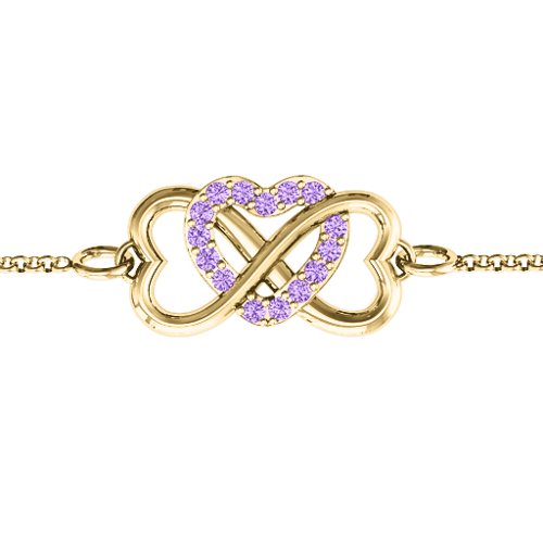 Triple Heart Infinity Bracelet – 10K Yellow Gold with Amethyst Premium Zirconia