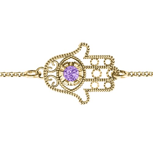 Horizontal Hamsa Bracelet – 10K Yellow Gold with Amethyst