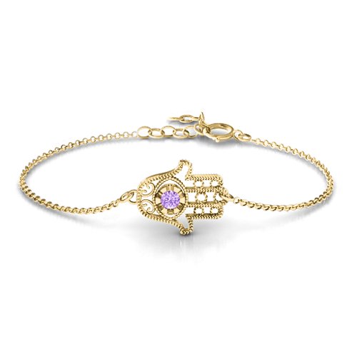 Horizontal Hamsa Bracelet – 10K Yellow Gold with Amethyst