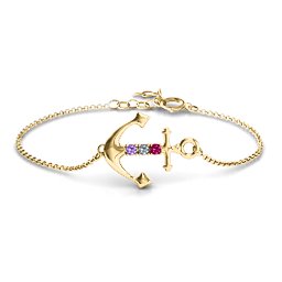 Anchor Bracelet with Three Stones in 10K Solid Yellow Gold with Amethyst, Cubic Zirconia, and Ruby