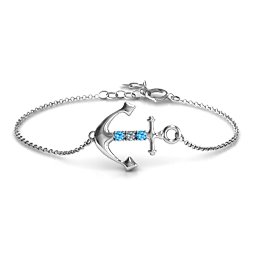 Anchor Bracelet with Three Stones in 925 Sterling Silver with Blue Topaz and Cubic Zirconia