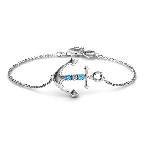 Anchor Bracelet with Three Stones – Sterling Silver with Blue Topaz and Cubic Zirconia