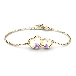 Double Heart With Two Stones Bracelet in 18K Gold Plated Silver with Amethyst
