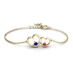 Double Heart With Two Stones Bracelet in 18K Gold Plated Silver with Blue Sapphire and Garnet