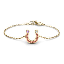 Horseshoe Bracelet with Two Stones and Accents in 10K Solid Yellow Gold with Amethyst, Cubic Zirconia, and Red Premium Zirconia