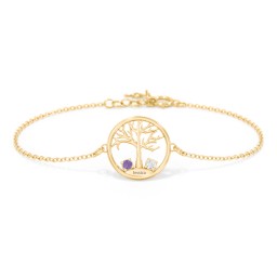 1 - 4 Stone Family Tree Bracelet in 10K Solid Yellow Gold with Amethyst, Cubic Zirconia, Blue Topaz, and Emerald