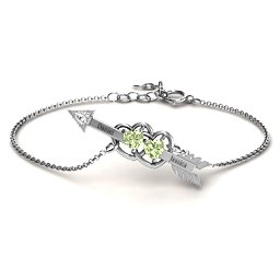 Double Heart with Arrow and Two Heart Stones Promise Bracelet in 925 Sterling Silver with Peridot and White Premium Zirconia
