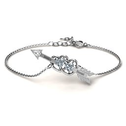 Double Heart with Arrow and Two Heart Stones Promise Bracelet in 925 Sterling Silver with Cubic Zirconia and White Premium Zirconia