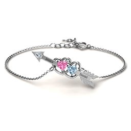 Double Heart with Arrow and Two Heart Stones Promise Bracelet in 925 Sterling Silver with Pink Tourmaline and Aquamarine
