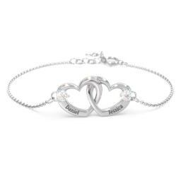 Interlocking Heart Promise Bracelet with Two Stones in 925 Sterling Silver with Diamond