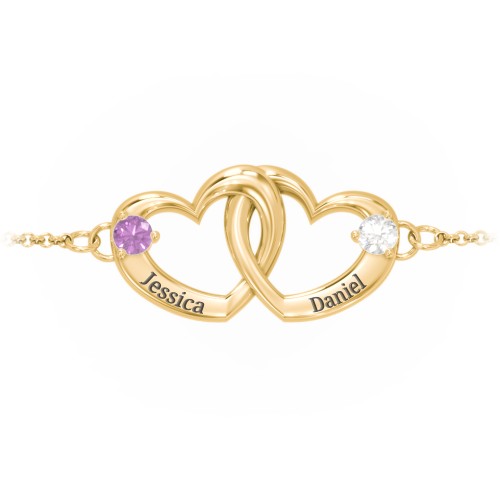 Interlocking Heart Promise Bracelet with Two Stones – 10K Yellow Gold with Amethyst and Cubic Zirconia