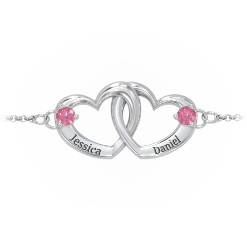 Interlocking Heart Promise Bracelet with Two Stones – Sterling Silver with Pink Tourmaline