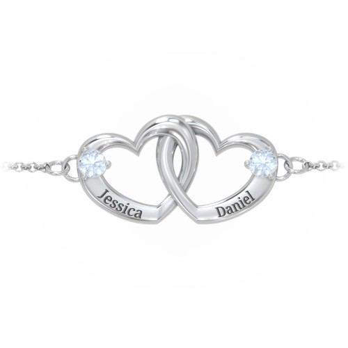 Interlocking Heart Promise Bracelet with Two Stones – Sterling Silver with Aquamarine