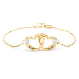 Interlocking Heart Promise Bracelet with Two Stones in 18K Gold Plated Silver with Aquamarine