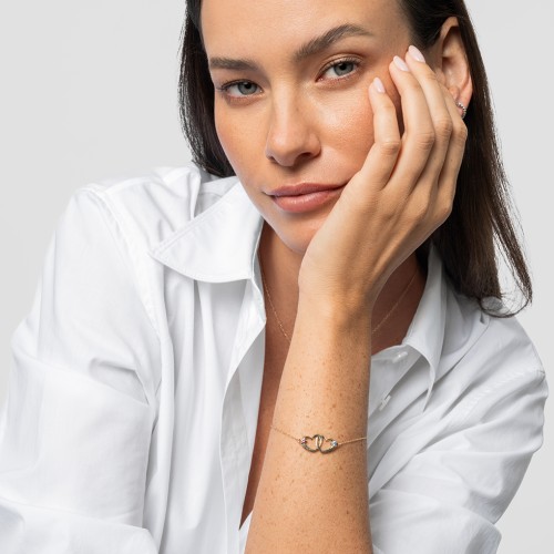 Interlocking Heart Promise Bracelet with Two Stones – 18K Gold Plated Silver with Aquamarine