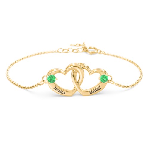 Interlocking Heart Promise Bracelet with Two Stones – 18K Gold Plated Silver with Emerald