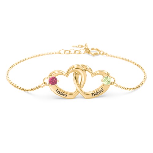 Interlocking Heart Promise Bracelet with Two Stones – 18K Gold Plated Silver with Ruby and Peridot
