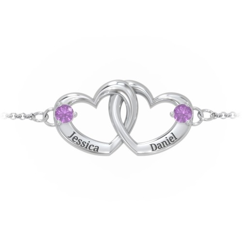 Interlocking Heart Promise Bracelet with Two Stones – Sterling Silver with Amethyst