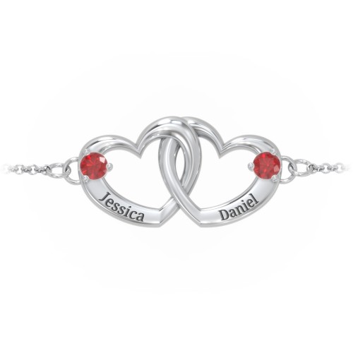 Interlocking Heart Promise Bracelet with Two Stones – Sterling Silver with Garnet
