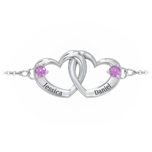 Interlocking Heart Promise Bracelet with Two Stones – Sterling Silver with Amethyst
