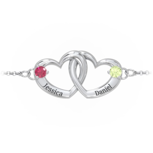 Interlocking Heart Promise Bracelet with Two Stones – Sterling Silver with Ruby and Peridot