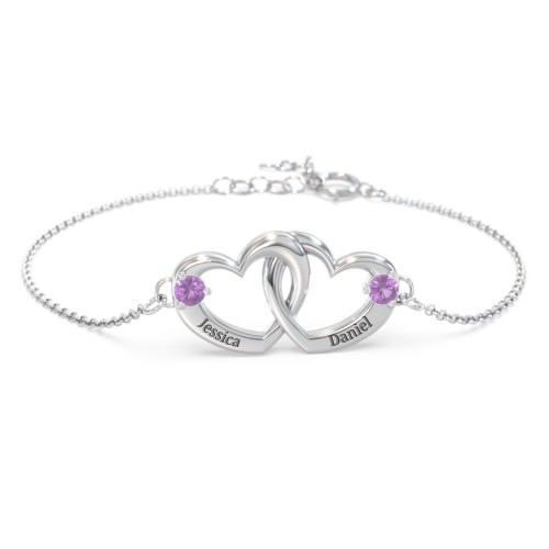 Interlocking Heart Promise Bracelet with Two Stones – Sterling Silver with Amethyst