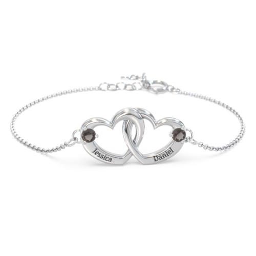 Interlocking Heart Promise Bracelet with Two Stones – Sterling Silver with Smokey Quartz