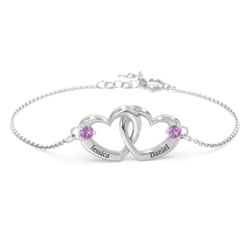 Interlocking Heart Promise Bracelet with Two Stones – Sterling Silver with Amethyst